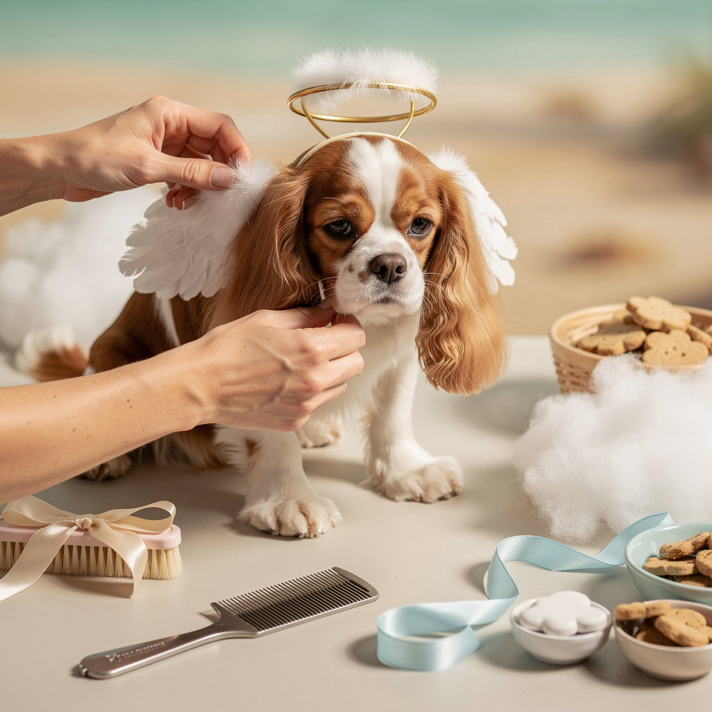 Peaven pet heaven featuring flying Cocker Spaniels in whimsical paradise