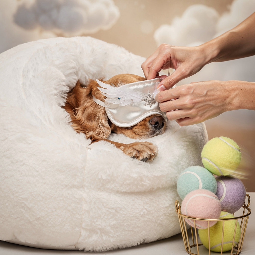 Peaven flying Cocker Spaniels enjoying Cloud Nine Napping Pods and Eternal Fetch Sessions in pet heaven